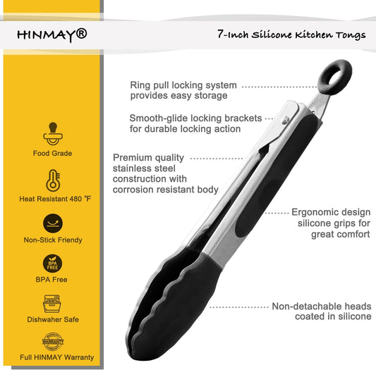HINMAY_Small_Silicone_Tongs_7-Inch_Mini_Serving_Tongs,_Set_of_3_(Black_Gray_White)