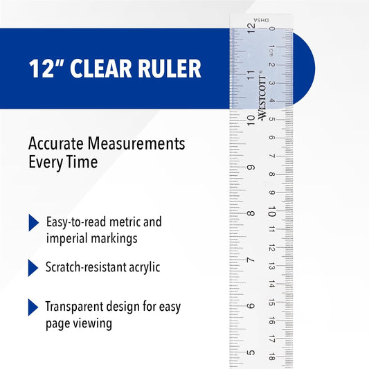 Westcott_Acrylic_Clear_Ruler,_Easy-to-Read_Markings,_Scratch-Resistant_Design,_Raised_Beveled_Edges,_for_Crafting,_Office,_Classroom,_Back_to_School_Supplies,_12-Inch