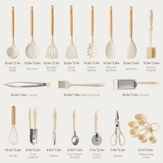 CAROTE_22-Piece_Cooking_Utensils_Set_with_Wood_Cool-Touch_Handles,_Cream