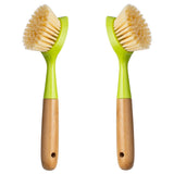 2 Pack Kitchen Dish Brush Bamboo Handle Dish Scrubber Built-in Scraper | Scrub Brush for Pans, Pots, Kitchen Sink Cleaning, Dishwashing and Cleaning Brushes are Perfect Cleaning Tools, White