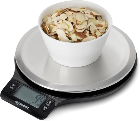 Amazon_Basics_Digital_Kitchen_Scale_with_LCD_Display,_Tare_Function,_Multiple_Units,_Weighs_up_to_11_Pounds,_Batteries_Included,_Black_and_Stainless_Steel