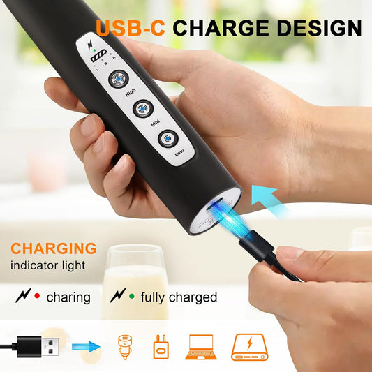 YUSWKO_Handheld_Milk_Frother_Wand_for_Coffee,_Rechargeable_Electric_Whisk_with_3_Heads_3_Speeds_Drink_Mixer_Coffee_Frother_For_Latte,_Cappuccino,_Hot_Chocolate,_Egg,_Black