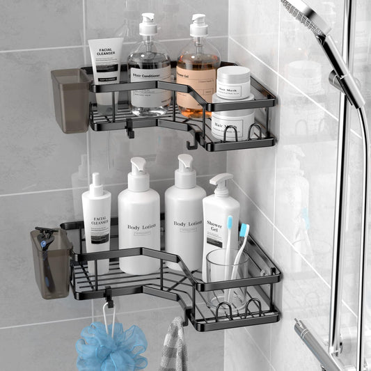 AKTECKE_Corner_Shower_Caddy,_2_Pack_Adhesive_Shower_Corner_Organizer_Shelves,_No_Drilling_Stainless_Steel_Shower_Storage_Rack_with_Hooks&Toothpaste_Holder_for_Bathroom_Kitchen_(for_90°_Corners_Only)