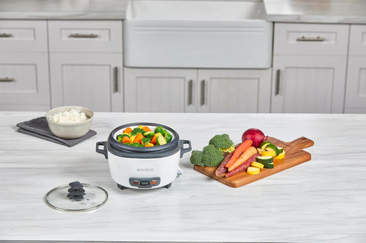 BLACK+DECKER_Rice_Cooker_6-Cup_(Cooked)_with_Steaming_Basket,_Removable_Non-Stick_Bowl,_White