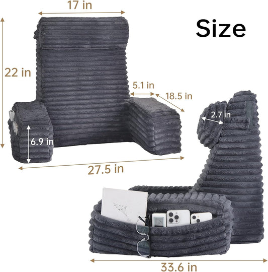 22"_XL_Back_Pillow_for_Bed_Sitting_Up_with_Armrests_&_Big_Pockets_|_Reading_Pillow_for_Bed,_Soft_Back_Support_Chair,_Ideal_for_Watching_TV,_Gaming,_Nursing,_Resting,_Post_Surgery,_Dark_Grey