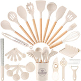 Astercook Kitchen Utensils Set, Silicone Cooking Utensil Sets with Wooden Handle, Heat Resistant Food Grade Spatula Set, BPA Free Kitchen Gadgets Tools Set & Spoons for Nonstick Cookware