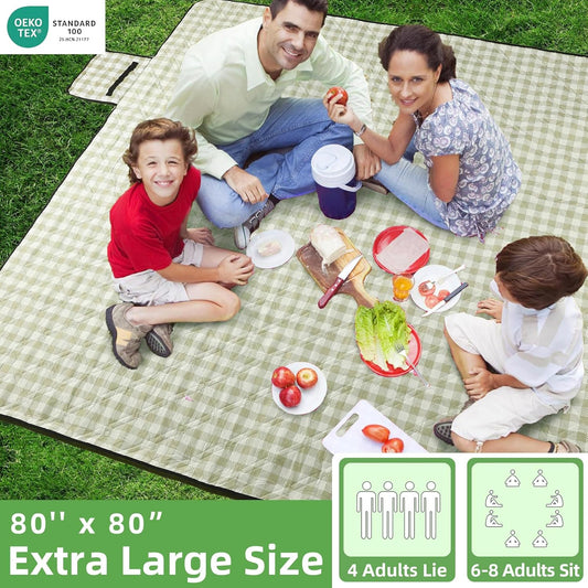 ZAZE_Extra_Large_Picnic_Outdoor_Blanket,_80''x80''_Waterproof_Foldable_Blankets_Gingham_Picnic_Mat_for_Beach,_Camping_Grass_Lawn_Park_Accessories_Cute_Couple_Gifts_Ideas_Wedding_Registry(Green_White)