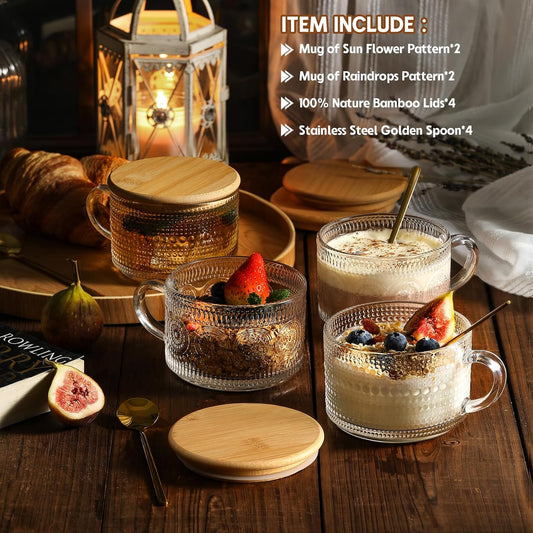 LANDNEOO_4pcs_Set_Vintage_Coffee_Mugs_gifts_for_women,_Overnight_Oats_Containers_with_Bamboo_Lids_and_Spoons_-_14oz_Clear_Embossed_Glass_Cups,_Cute_Coffee_Bar_Accessories,_Iced_Coffee_Glasses