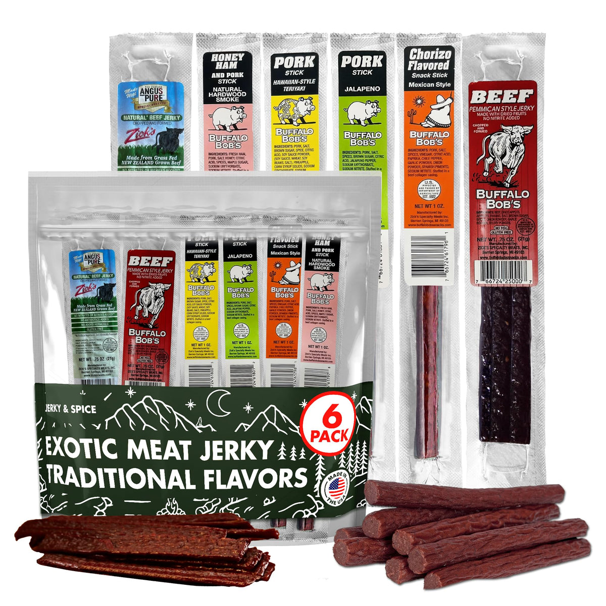 Buffalo Bob's Wild Game Meat Snacks (6 Pack), Beef Jerky Gift Set, Pork Jerky Sampler Variety, Snack Baskets for Men, Premium Gifts for Dad, Meat Gift Box, Assorted Snacks for Men | Traditional Pack