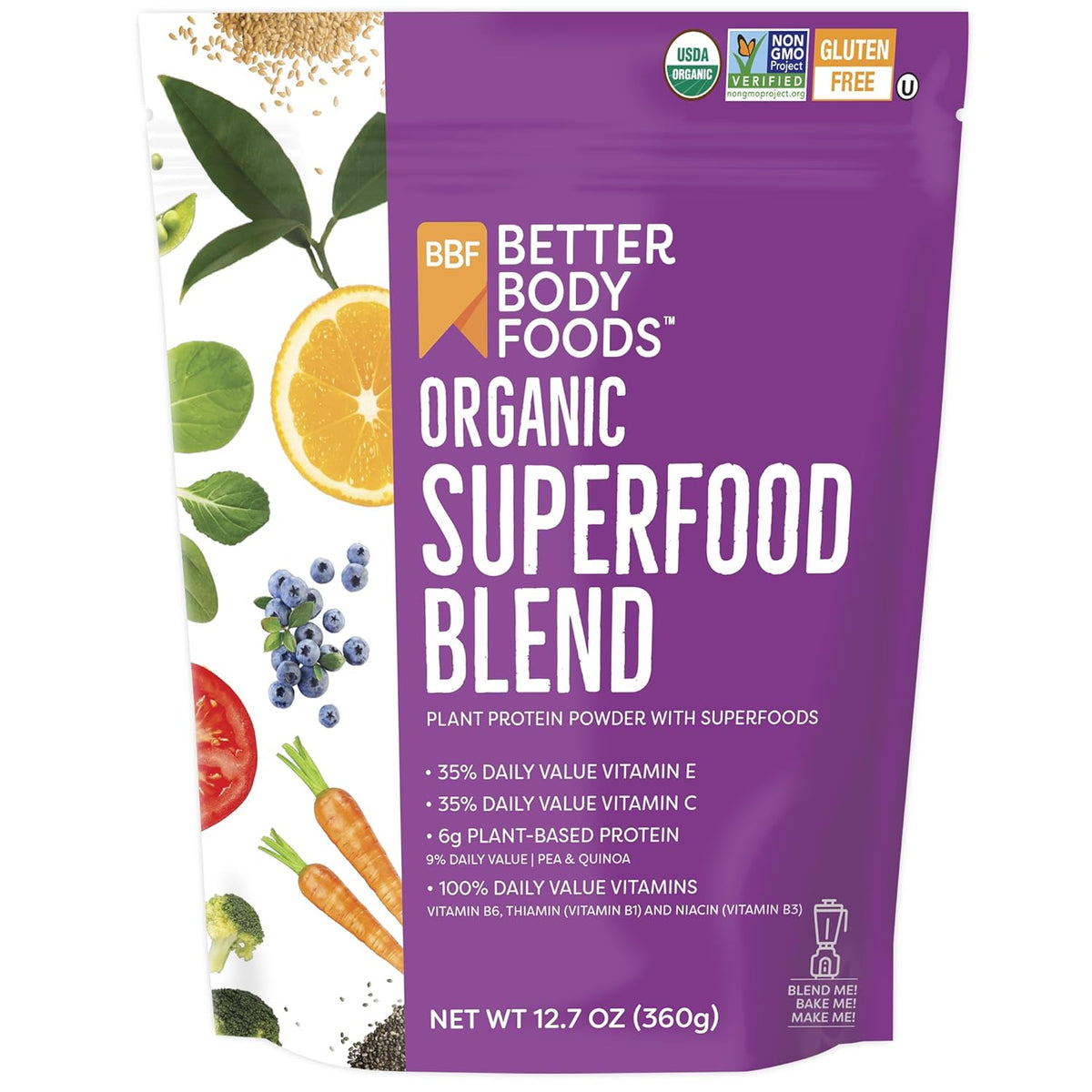18-ingredient blend including quinoa, flaxseed, hemp protein, green tea, and 12+ fruits/vegetables