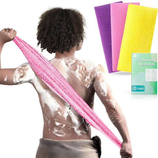3-piece set including african net sponge, japanese washcloth, and face & body exfoliator in black, white, and grey