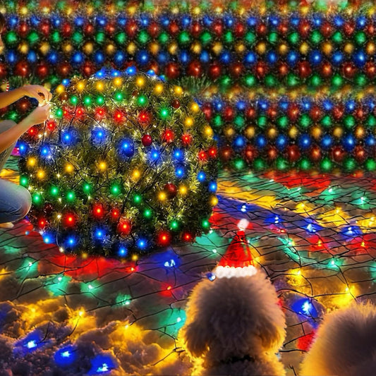 360 led multicolor bulbs on a 12ft x 5ft dark-green mesh net