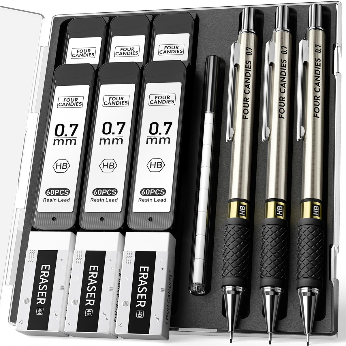 3PCS Metal Mechanical Pencil Set with 0.7mm Medium Point, 360 Leads, 12 Erasers, Art Mechanical Pencils Pack with Storage Case for School Writing, Sketching, Drawing &amp;amp; Professional Drafting