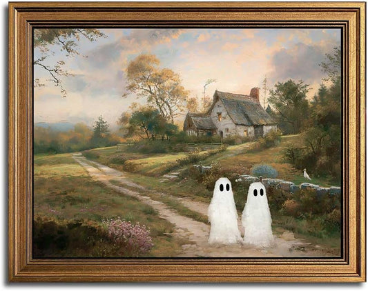 Wemandh_Framed_Halloween_Decorations_Fall_Decor_Wall_Art,_Rustic_Landscape_Wall_Decor,_Cute_Ghost_Decor_Wall_Art,_Aesthetic_Halloween_Wall_Decor_(9.5''x12'')