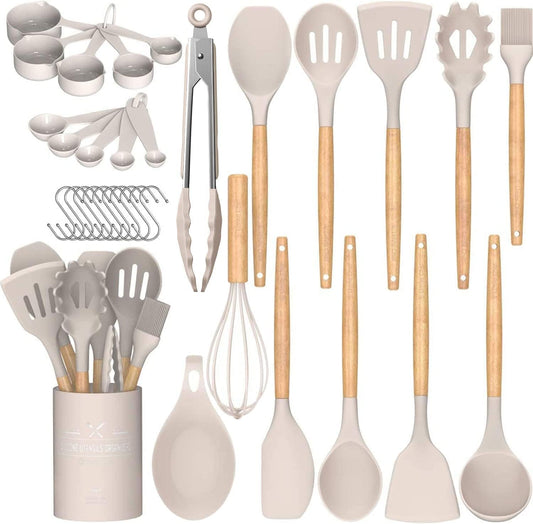 Umite_Chef_Kitchen_Cooking_Utensils_Set,_33_pcs_Non-Stick_Silicone_Cooking_Kitchen_Utensils_Spatula_Set_with_Holder,_Wooden_Handle_Silicone_Kitchen_Gadgets_Utensil_Set_(Khaki)