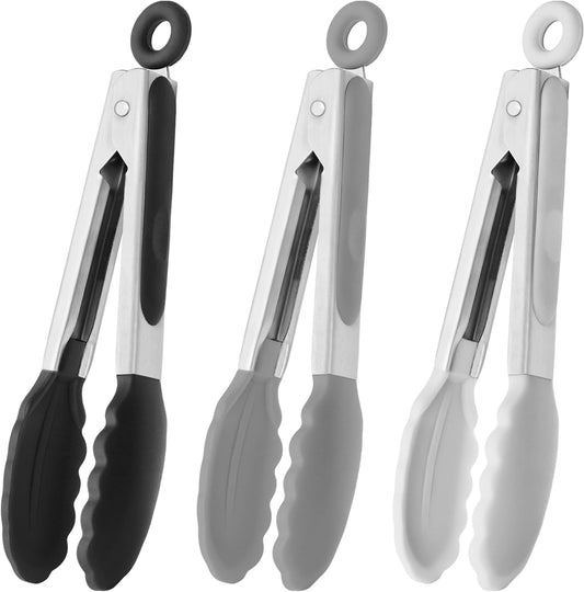 HINMAY_Small_Silicone_Tongs_7-Inch_Mini_Serving_Tongs,_Set_of_3_(Black_Gray_White)