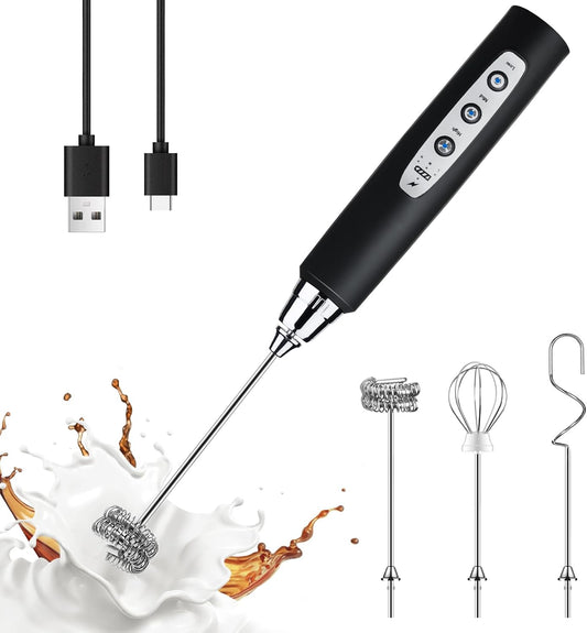 YUSWKO_Handheld_Milk_Frother_Wand_for_Coffee,_Rechargeable_Electric_Whisk_with_3_Heads_3_Speeds_Drink_Mixer_Coffee_Frother_For_Latte,_Cappuccino,_Hot_Chocolate,_Egg,_Black