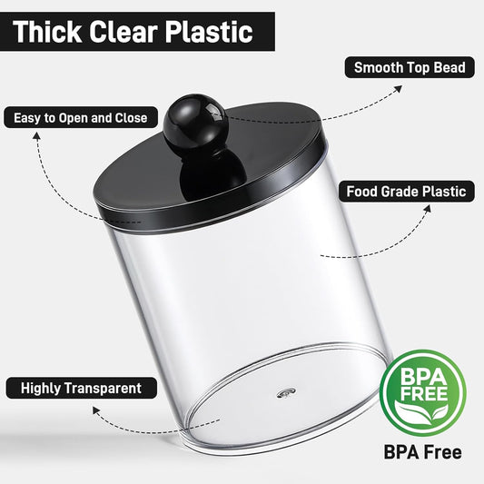 4_Pack_Acrylic_Qtip_Holder_Dispenser_for_Cotton_Swabs,_Balls,_Pads,_Floss_-_Plastic_Canister_Apothecary_Jar_Set,_Bathroom_Essentials_Accessories_Decor_Vanity_Makeup_Storage_Organizer_-_Clear_&_Black