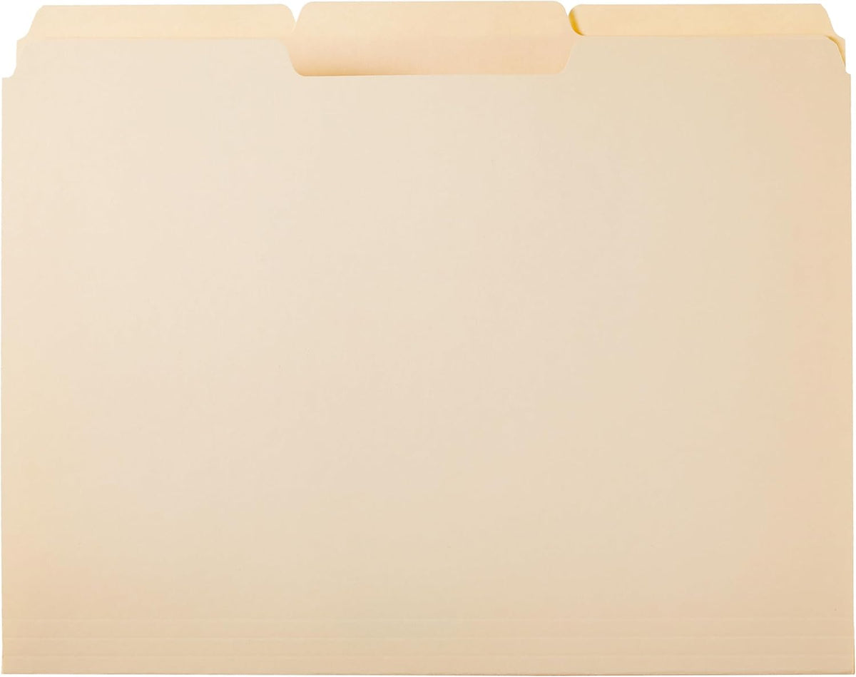 Amazon_Basics_Sturdy_File_Folders_with_Reinforced_Tabs_for_Filing_and_Organization,_1/3-Cut_Tab,_Assorted_Positions,_Letter_Size,_8.5x11_inches,_Manila,_100-Pack