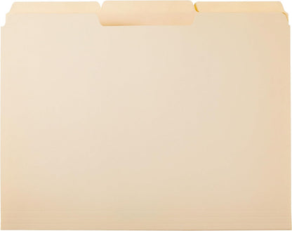 Amazon_Basics_Sturdy_File_Folders_with_Reinforced_Tabs_for_Filing_and_Organization,_1/3-Cut_Tab,_Assorted_Positions,_Letter_Size,_8.5x11_inches,_Manila,_100-Pack