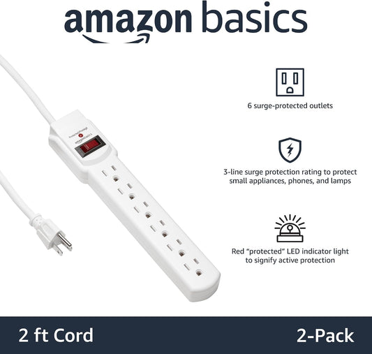 Amazon_Basics_Surge_Protector_Power_Strip,_6-Outlet_with_200J_Protection,_Circuit_Breaker,_LED_Indicator,_On/Off_Switch,_Wall-Mounting,_2ft_Extension_Cord,_White,_2-Pack