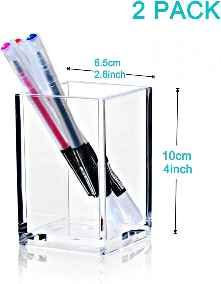 2_Pack_Clear_Acrylic_Pencil_Pen_Holder_Cup,Desk_Accessories_Holder,Makeup_Brush_Storage_Organizer,Modern_Design_Desktop_Stationery_Organizer_for_Office_School_Home_Supplies,2.6x_2.6x_4_inches