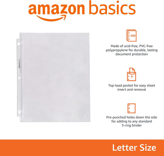Amazon_Basics_Sheet_Protectors_for_3_Ring_Binder,_Heavyweight,_Acid-Free,_Top_Loading,_Polypropylene,_8.5_x_11_Inch,_500-Pack,_Clear