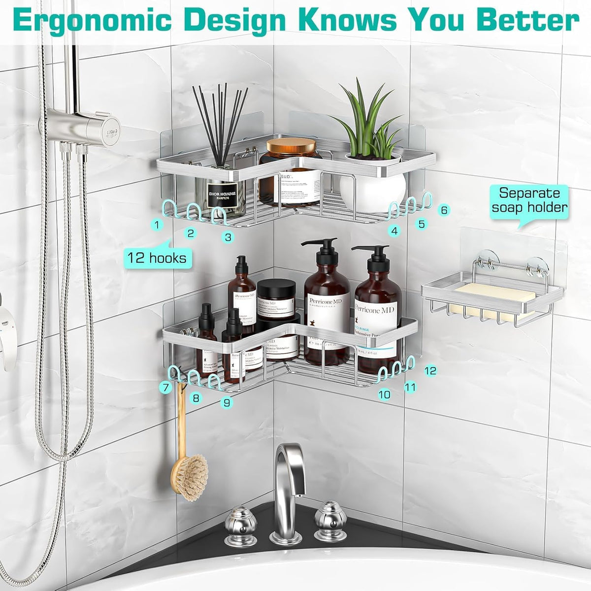 YASONIC_Corner_Adhesive_Shower_Caddy,_with_Soap_Holder_and_12_Hooks,_Rustproof_Stainless_Steel_Bathroom_Organizer,_No_Drilling_Wall_Mounted_Rack,_Brushed_Silver,_3-Pack