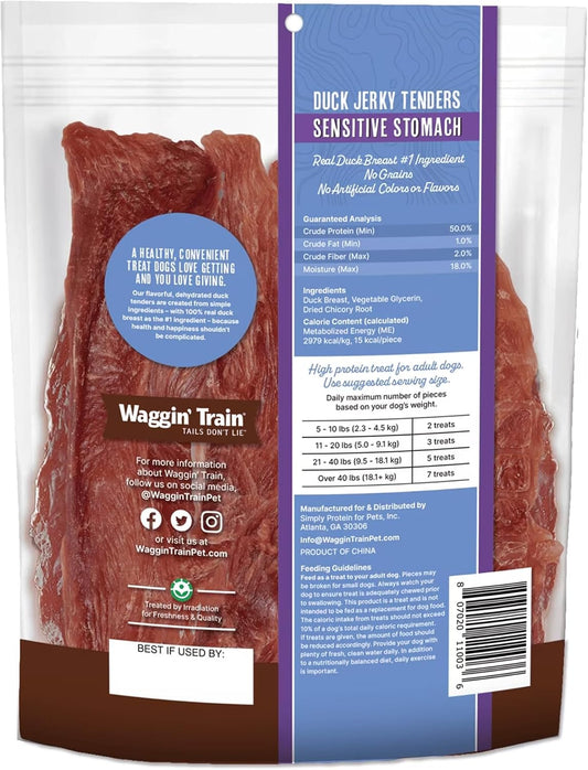 Waggin'_Train_Duck_Jerky_Dog_Treats_for_Dogs_with_Sensitive_Stomachs,_Made_with_100%_Real_Duck_Breasts,_Three_All-Natural_Ingredients,_High_Protein_Dog_Treat,_Easily_Digestible_for_Dogs,_12_oz._Pouch