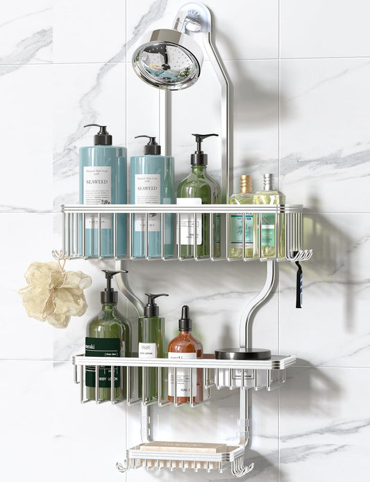 YASONIC_Never_Rust_Shower_Caddy_Hanging,_Aluminum_Shower_Racks_for_Inside_Shower,_3-Tier_Shower_Organizer_Hanging_Over_Shower_Head_with_Hooks_and_Soap_Holder,_Silver