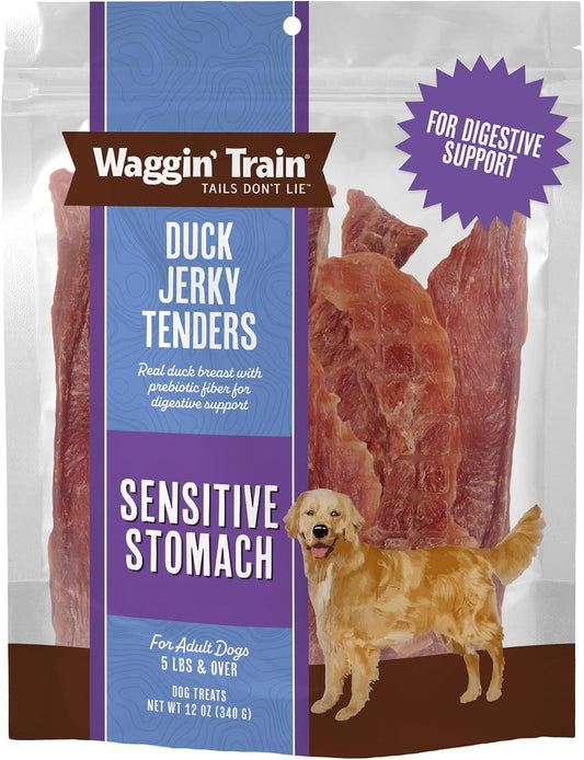 Waggin'_Train_Duck_Jerky_Dog_Treats_for_Dogs_with_Sensitive_Stomachs,_Made_with_100%_Real_Duck_Breasts,_Three_All-Natural_Ingredients,_High_Protein_Dog_Treat,_Easily_Digestible_for_Dogs,_12_oz._Pouch