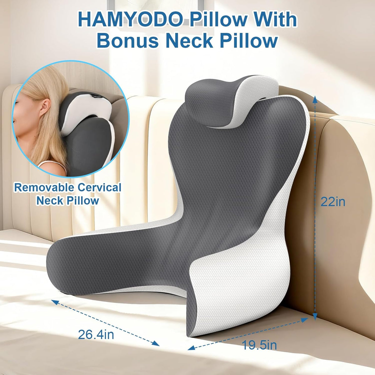 22"_XL_Reading_Pillow_Sitting_in_Bed,Back_Support_&_Armrests(Grey_&_White)_|_OEKO-TEX,Back_Rest_&_Lumbar_Support_Pillows,_Bed_Rest_Chair_Cushion,Reclining,Gaming,Work,Resting,Watching_TV