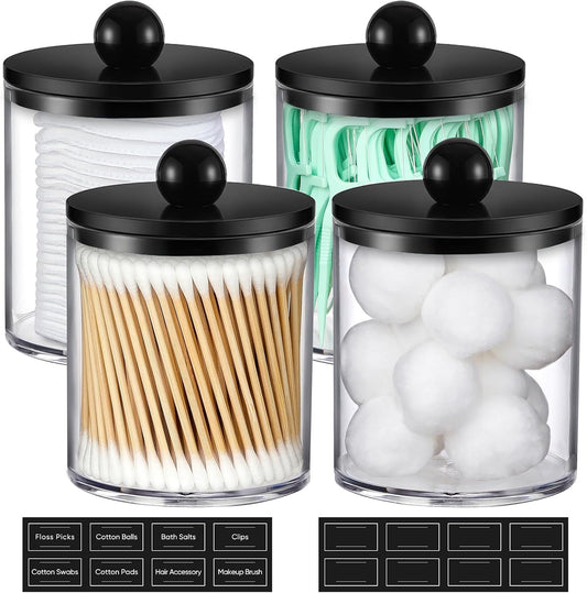 4_Pack_Acrylic_Qtip_Holder_Dispenser_for_Cotton_Swabs,_Balls,_Pads,_Floss_-_Plastic_Canister_Apothecary_Jar_Set,_Bathroom_Essentials_Accessories_Decor_Vanity_Makeup_Storage_Organizer_-_Clear_&_Black
