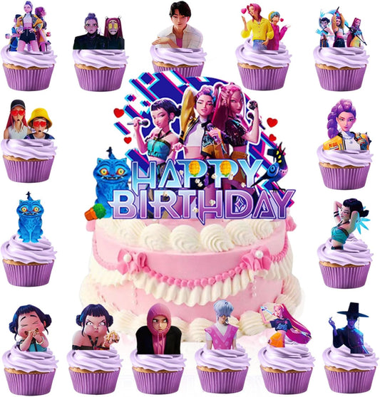 16Pcs_Cute_Anime_Cake_Decorations_with_15pcs_Cupcake_Toppers,_1pcs_Happy_Birthday_Cake_Topper,_Cartoon_Themed_Party_Supplies,_Perfect_for_Birthday_Party_Decorations