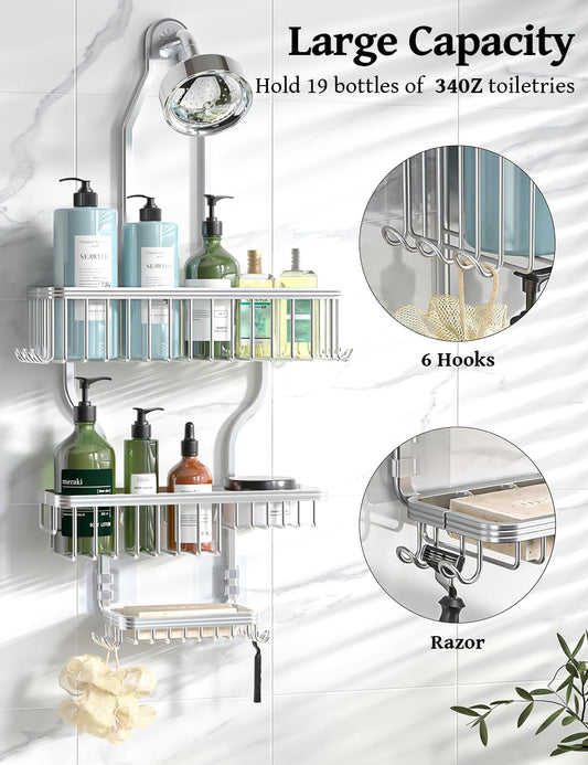 YASONIC_Never_Rust_Shower_Caddy_Hanging,_Aluminum_Shower_Racks_for_Inside_Shower,_3-Tier_Shower_Organizer_Hanging_Over_Shower_Head_with_Hooks_and_Soap_Holder,_Silver