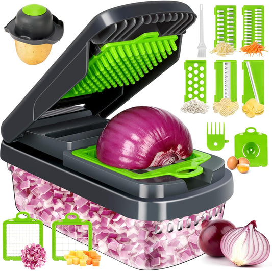 Yusshn_Vegetable_Chopper,_12-in-1_Food_Veggie_Chopper_Cutter_with_Container_|_7_Sharp_Blades_Dice,_Slice,_Shred_and_Grate_for_Salads,_Onions_and_Meal_Prep,_with_a_Non-Slip_Base_and_Drain_Basket