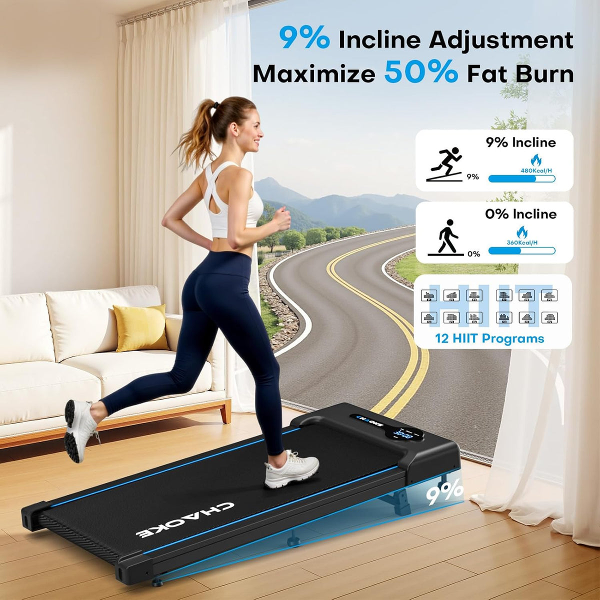 CHAOKE_Walking_Pad_Treadmill_for_Home,_6.2MPH_Under_Desk_Walking_Pad_with_9%_Incline_for_Office_Small_Spaces,_2.75HP_Quiet_Running_Machines,_Remote_Control,_330LBS_Capacity,_12_HIIT_Programs