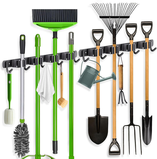 ZONGOOL_2_Pack_Mop_Broom_Holder_Wall_Mount_4_Racks_5_Hooks_Storage_Black