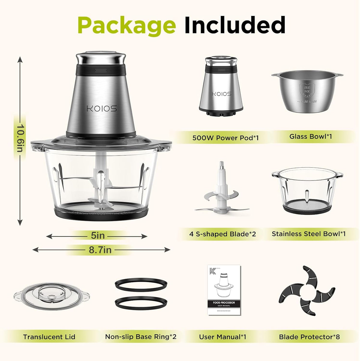 KOIOS_Food_Processor,_500W_Electric_Food_Chopper_with_2_Bowls_(8_Cup+8_Cup)_&_2_Bi-Level_Blades&,_Small_Electric_Grinder_Meat_Processor_for_Nuts,_Meat,_Onion,_Garlic,_Baby_Food,_Black