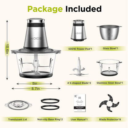 KOIOS_Food_Processor,_500W_Electric_Food_Chopper_with_2_Bowls_(8_Cup+8_Cup)_&_2_Bi-Level_Blades&,_Small_Electric_Grinder_Meat_Processor_for_Nuts,_Meat,_Onion,_Garlic,_Baby_Food,_Black