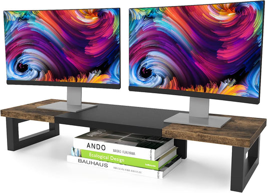 WESTREE_Dual_Monitor_Stand_Riser,_Wood_and_Steel_Multi-Purpose_Desktop_Storage_Stand_for_2_Monitors_for_Computer,_Laptop,_Printer,_TV,_Rustic_Brown