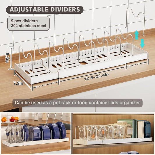 Magheo_2_Pack_Expandable_Food_Storage_Container_Lid_Organizers,_22"_Pots_and_Pans_Organizer_Under_Cabinet_with_9_Adjustable_Dividers_Pot_and_Pan_Lid_Holders_Rack_Inside_Cabinet(White)