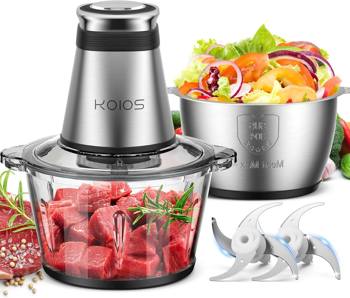 KOIOS_Food_Processor,_500W_Electric_Food_Chopper_with_2_Bowls_(8_Cup+8_Cup)_&_2_Bi-Level_Blades&,_Small_Electric_Grinder_Meat_Processor_for_Nuts,_Meat,_Onion,_Garlic,_Baby_Food,_Black