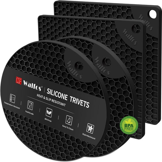 Walfos_Silicone_Trivet_Mats_-_4_Heat_Resistant_Pot_Holders,_Multipurpose_Non-Slip_Hot_Pads_for_Kitchen_Potholders,_Hot_Dishers,_Jar_Opener,_Spoon_Holder,_Food_Grade_Silicone_&_BPA_Free_(Black)