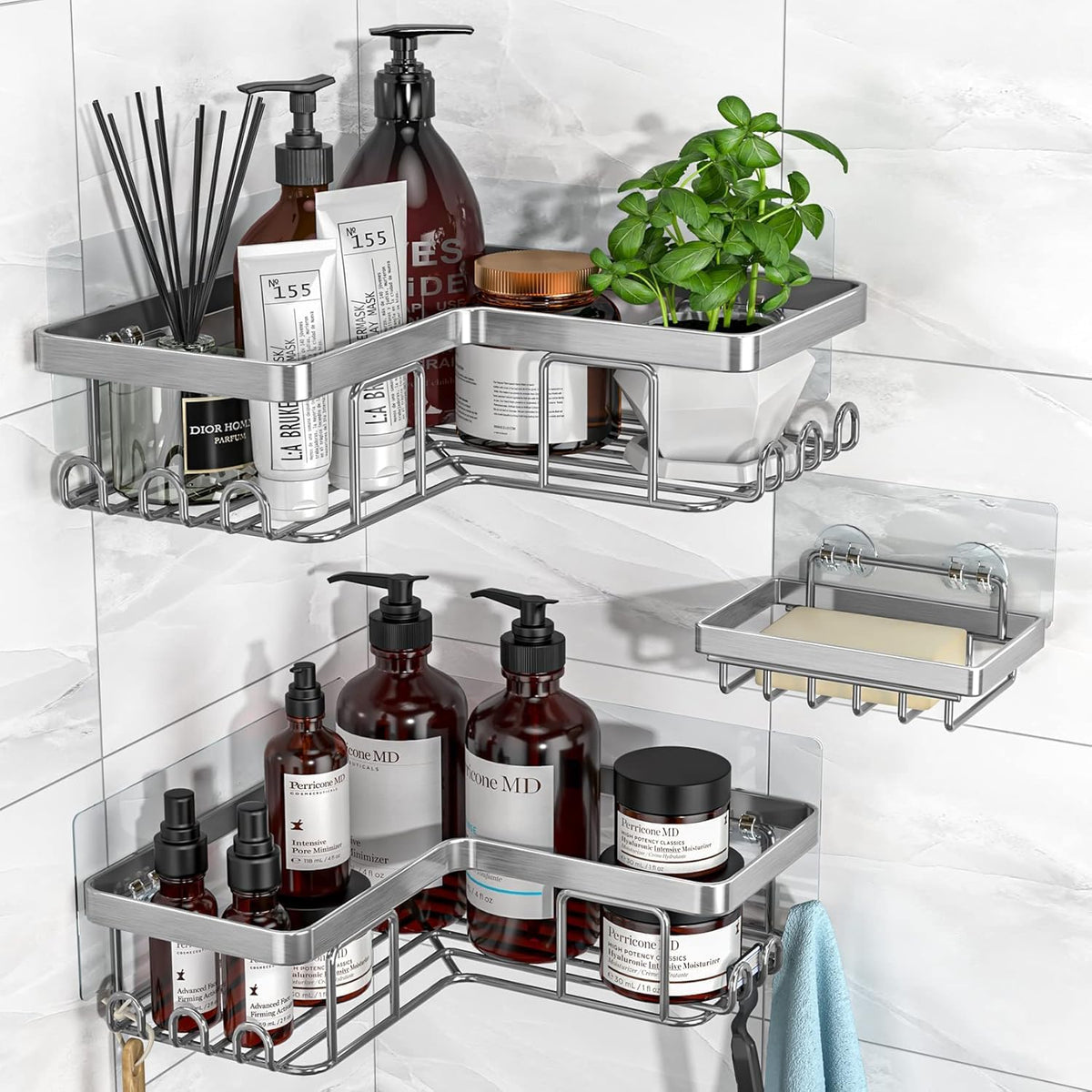 YASONIC_Corner_Adhesive_Shower_Caddy,_with_Soap_Holder_and_12_Hooks,_Rustproof_Stainless_Steel_Bathroom_Organizer,_No_Drilling_Wall_Mounted_Rack,_Brushed_Silver,_3-Pack