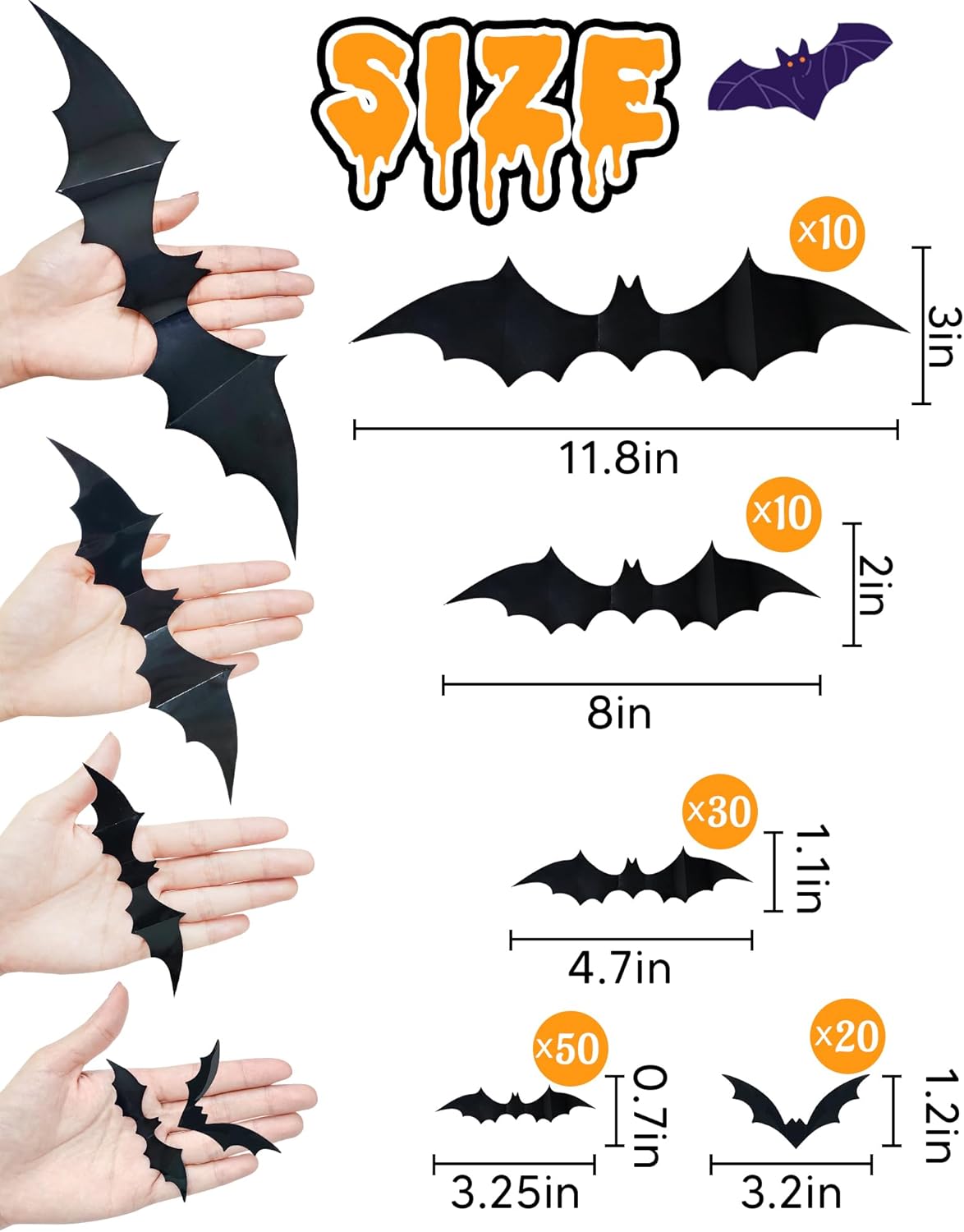 120_Pcs_3D_Halloween_Decorations_Bats_Decor,5_Sizes_Bats_Wall_Decor_Indoor