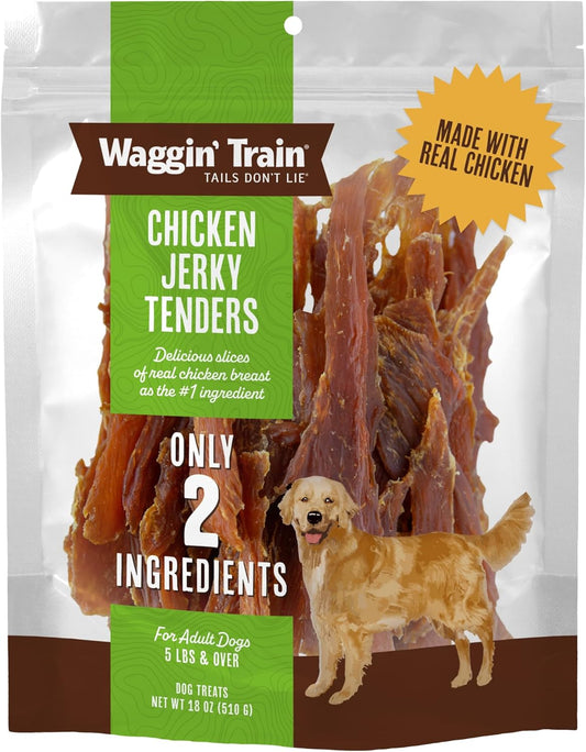 Waggin'_Train_Chicken_Jerky_Dog_Treats,_Made_with_100%_Real_Chicken_Breasts,_Only_Two_All-Natural_Ingredients,_Great_High_Protein_Dog_Treat,_Easily_Digestible_for_Big_or_Small_Dogs,_18_oz._Pouch