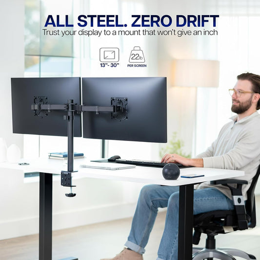 VIVO_Dual_Monitor_Desk_Mount,_Holds_2_Computer_Screens_up_to_30_inches_and_22lbs_Each,_Heavy_Duty_Fully_Adjustable_Steel_Stand_with_C-Clamp_and_Grommet,_Black,_STAND-V002