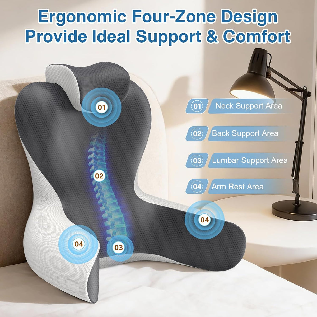 22"_XL_Reading_Pillow_Sitting_in_Bed,Back_Support_&_Armrests(Grey_&_White)_|_OEKO-TEX,Back_Rest_&_Lumbar_Support_Pillows,_Bed_Rest_Chair_Cushion,Reclining,Gaming,Work,Resting,Watching_TV