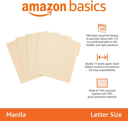 Amazon_Basics_Sturdy_File_Folders_with_Reinforced_Tabs_for_Filing_and_Organization,_1/3-Cut_Tab,_Assorted_Positions,_Letter_Size,_8.5x11_inches,_Manila,_100-Pack